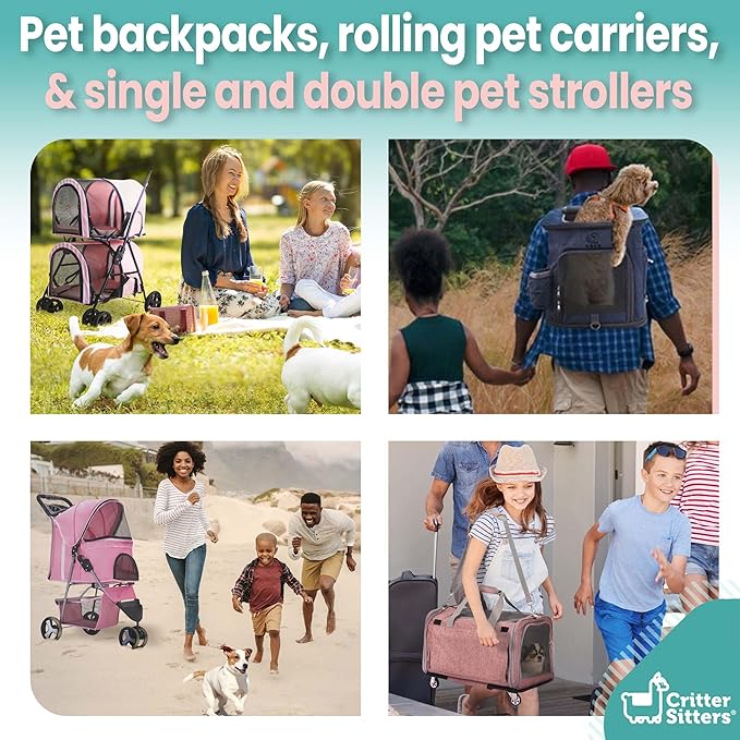 Critter Sitters Pet Stroller, Single Carriage Carrier for Animals up to 33 Pounds, 4-Wheel, Travel, Hiking & Transportation for Cats, Small Dogs, Rabbits, Black