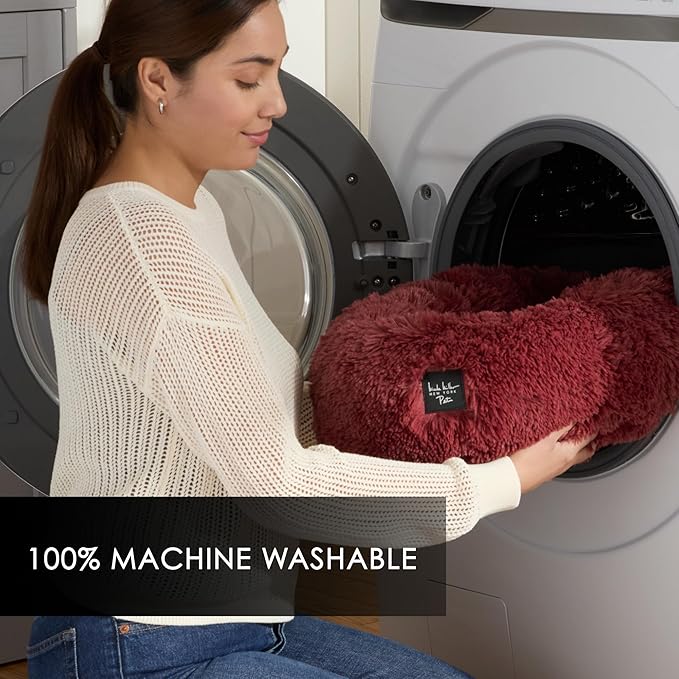 Nicole Miller New York PET Ellie Fuzzy Solid Donut Pet Bed, Plush, Cozy & Calming, Non-Slip Bottom, 100% Machine Washable, Burgundy Rose, X-Small 19"x19"x7" Round