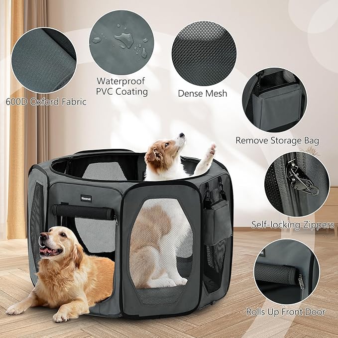 Nasonet Dog Playpen, Cat Dog Crate Portable Pet Exercise Cage Kennel House Puppy Playpen Animal Playpen Indoor/Outdoor, Water-Resistant Kennel Tent with Traveling Bag (Grey, Large)