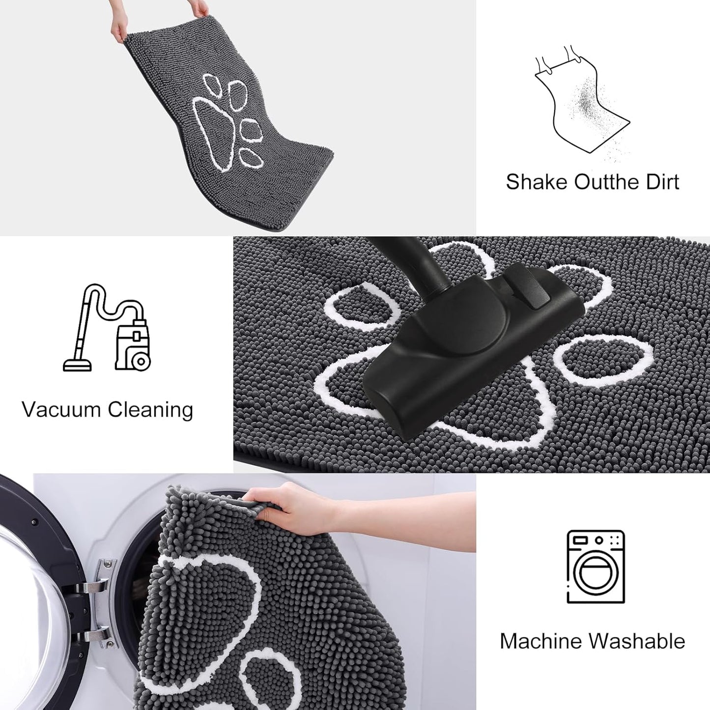 Smiry Dog Door Mat for Muddy Paws, Absorbent Dirt Trapper Non Slip Quick Dry Washable Chenille Mat for Mud Dogs, Entry Rug for Indoor and Outdoor (47x24 Inches, Dark Grey and White)