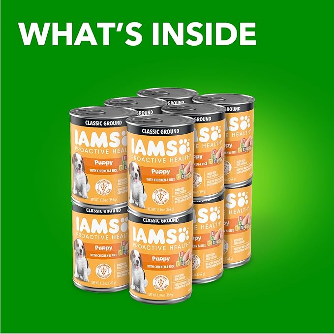 IAMS Proactive Health Puppy Wet Dog Food, Classic Ground Dog Wet Food, with Chicken and Rice, 13 oz. Cans 12 Count (Pack of 2)