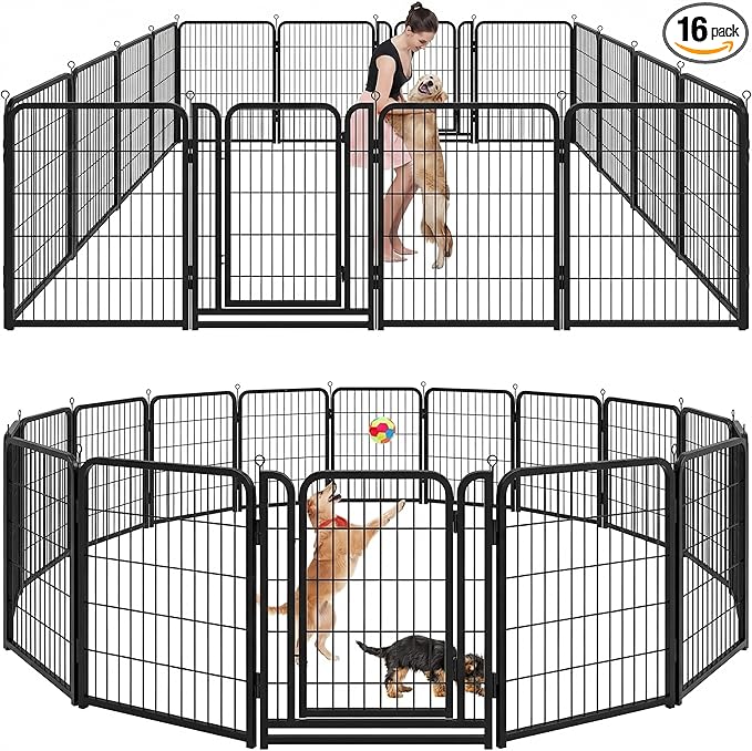 Kfvigoho Dog Playpen Outdoor Extra Wide 16 Piece Panels Heavy Duty Dog Fence 40" Height Anti-Rust with Doors Portable for RV Camping Yard, Total 42FT, 140 Sq.ft, Snowy Black