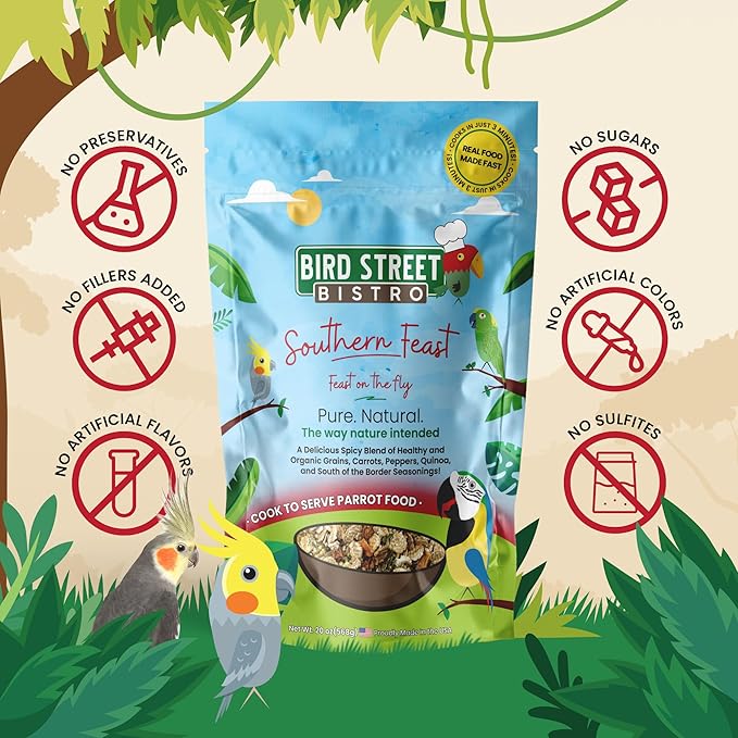 Bird Street Bistro Parrot Food for Parakeets & Cockatiels - Southern Feast - 20 oz - Cooks in 3-15 min, Natural Grains, Fruits & Vegetables - USA Made