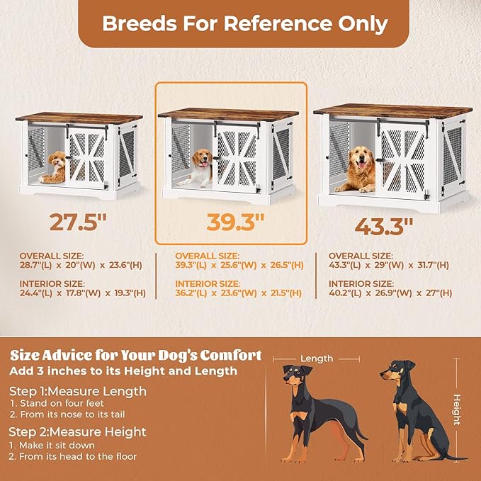 VOPEAK 40" Farmhouse Dog Crate Furniture, Heavy Duty Dog Crate for Medium Large Dogs, Wood Dog Cage Dog Kennel Indoor with Double Doors, Chew Resistant End Table for Bedroom Living Room, White