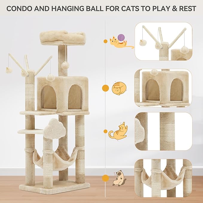 YITAHOME 44in Multi-Level Cat Tree for Indoor Kittens, Cat Furniture with Scratch Posts, Window Padded Plush Perch, Comfortable Hammock, and Interactive Pompoms, Beige