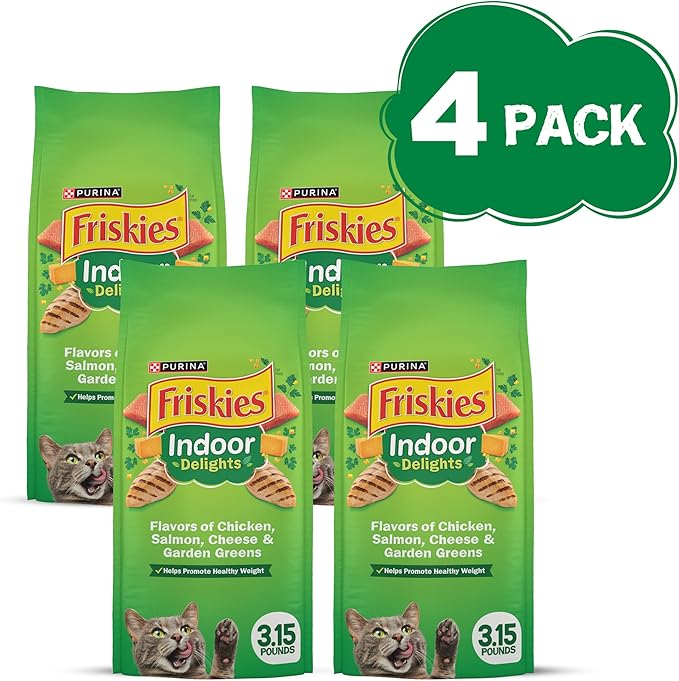 Purina Friskies Dry Cat Food Indoor Delights Flavors of Chicken, Salmon, Peas, and Carrots - (Pack of 4) 3.15 lb. Bags
