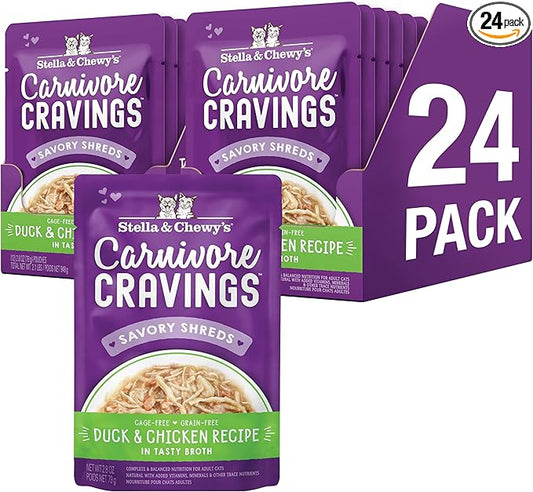 Stella & Chewy's Carnivore Cravings Wet Cat Food - Premium Pouches - Grain Free, High Protein Duck & Chicken - Perfect For Picky Eaters - Complete Meal or Topper (2.8 oz, 24 Pack)