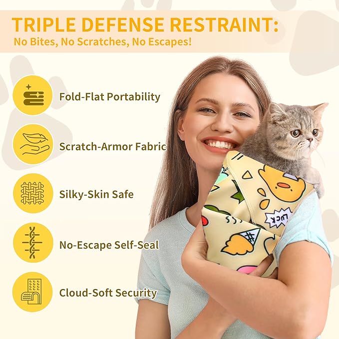 Cat Wrap, Soft and Comfortable Cat Wrap for Cutting Nails, Multifunctional Grooming Wrap for Stress-Free Nail Trimming, Yellow S-17.7inch (Within 5lbs)