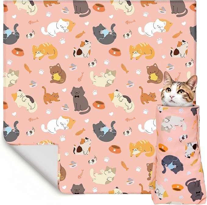 EYxsaxenk 31.5" Cat Grooming Wrap - Pink Large Self-Adhesive Cat Restraint Wrap Cutting Nails Blanket Anti-Scratch Anti-Escape Multifunctional Swaddle Pet Tool for Pet Cleaning & Beauty (Within 22lbs)