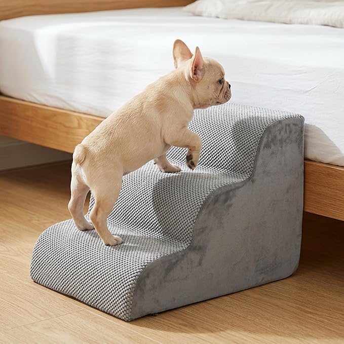 HealSmart Dog Stairs for Small Dogs, 3-Step Curved Design Pet Steps for Puppies & Senior Cats, High-Density Foam Indoor Non-Slip Ladder, Perfect for Sofa Couch and Chair Furniture Access, Gray