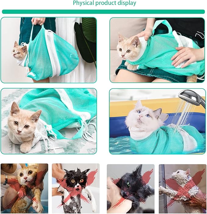 Adjustable Multifunctional Anti-Bite Shower Net, Cat Grooming Mesh Bag, Cat Bath Brush and Pet Finger Toothbrush (B-Green)