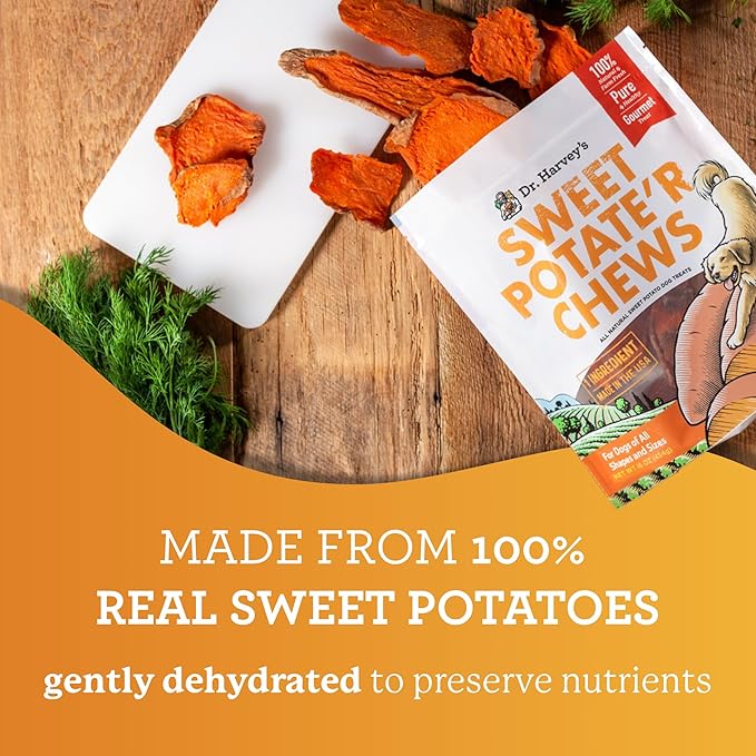Dr. Harvey's Sweet Potato Chews for Dogs, Dog Treats for Small, Medium, Large Dogs, Natural Dog Snacks for Training, Healthy Teeth, Preventing Bad Breath, and Aggressive Chewers, USA Grown (3 Pack)