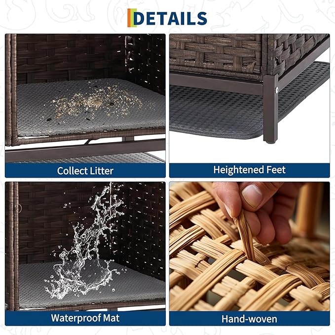 GarveeLife Cat Litter Box Enclosure Furniture, Handwoven Rattan Cat House, Hidden Cat Washroom Furniture with Door/Mat, Large Space Cat House with s-Shaped Hooks, Living Room, Bedroom