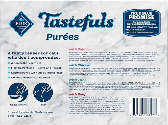 Blue Buffalo Tastefuls Purées Natural Cat Food Complement with 5 Ingredients, Chicken, Tuna, Beef, 3-oz Resealable Pouches, 12-ct Variety Pack