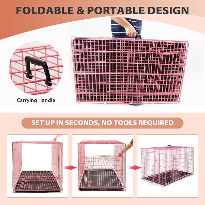 Large Dog Crate, Portable Travel Dog Crate with Double-Door, Removable Tray - Extra Large Dog Cage for Medium Sized Dogs, Ideal for Indoor and Outdoor (Pink, 30")