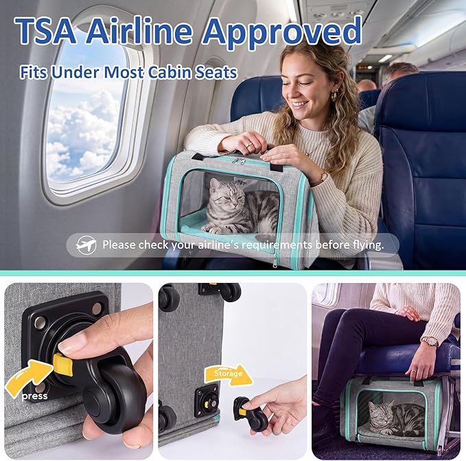 Rolling Pet Carrier with Detachable Wheels - 18x11x11 TSA Airline Approved for Southwest Delta United American, Soft Sided Expandable Travel Bag for Small Dogs & Cats up to 15Lbs, Fits Under Seat