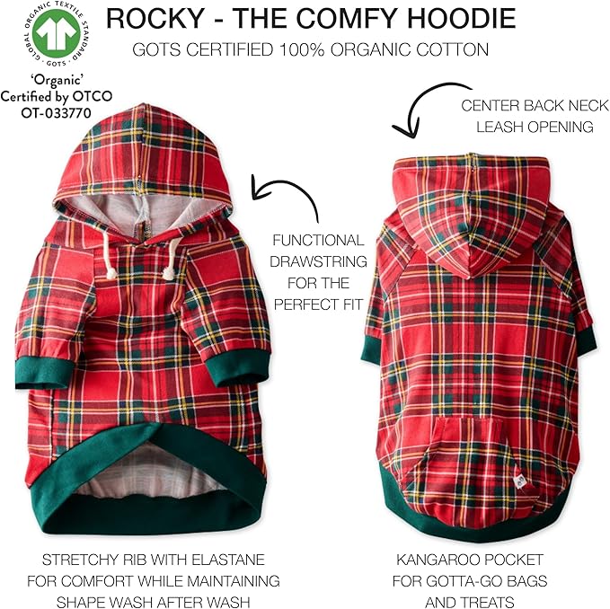 Pet Passion Rocky – The Original Lightweight Hooded Tee 100% Organic Cotton Dog Hoodie Pet Coat Sweater for All Sized Dogs, Royal Stewart Plaid, Medium (20-45 lbs)