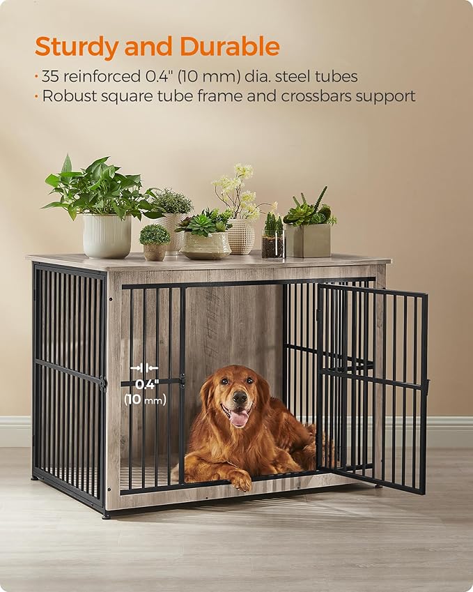 Feandrea 43.3" Dog Crate Furniture, Heavy-Duty Dog Cage Side End Table, XL Pet Wood Kennel for Large and Medium Dogs up to 80 lb with Enclosed Base, Double-Door Pet House, Greige