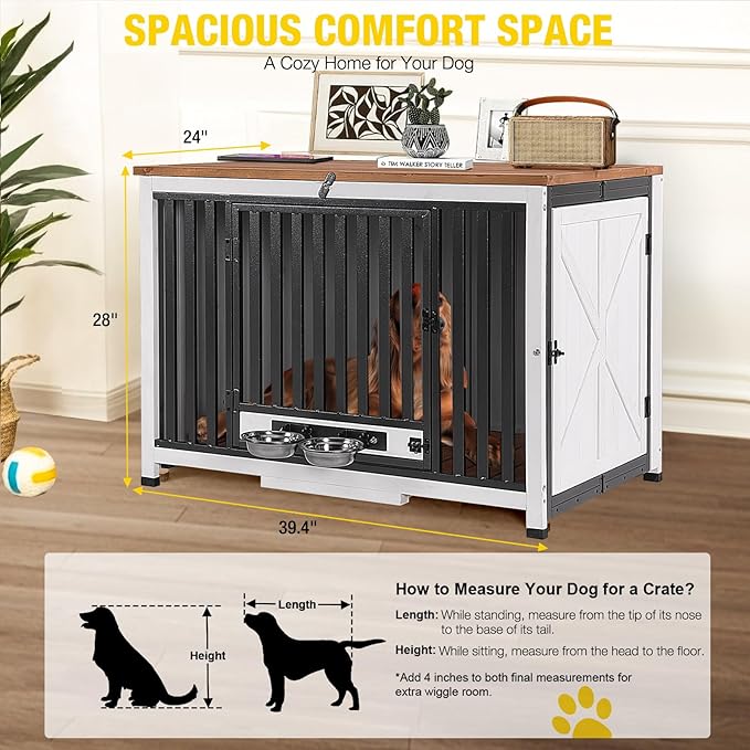 Aivituvin Dog Crate Furniture for 2 Small Medium Dogs XL Dog Kennel Indoor End Table Wooden Foldable Dog Cage 39.4" Dog House with Adjustable Bowls,Door