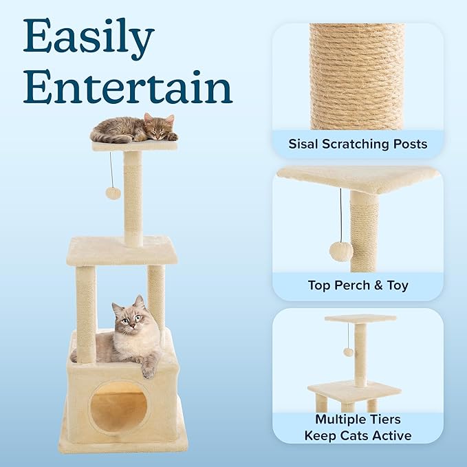 44 Inch Tall Cat Tree Tower - Cat Tower with Napping Perches, Kitten Condo, 4 Rope Scratching Posts, and Hanging Toy - Multi-Level Kitten Tree and Climbing Activity Furniture by PETMAKER (Beige)