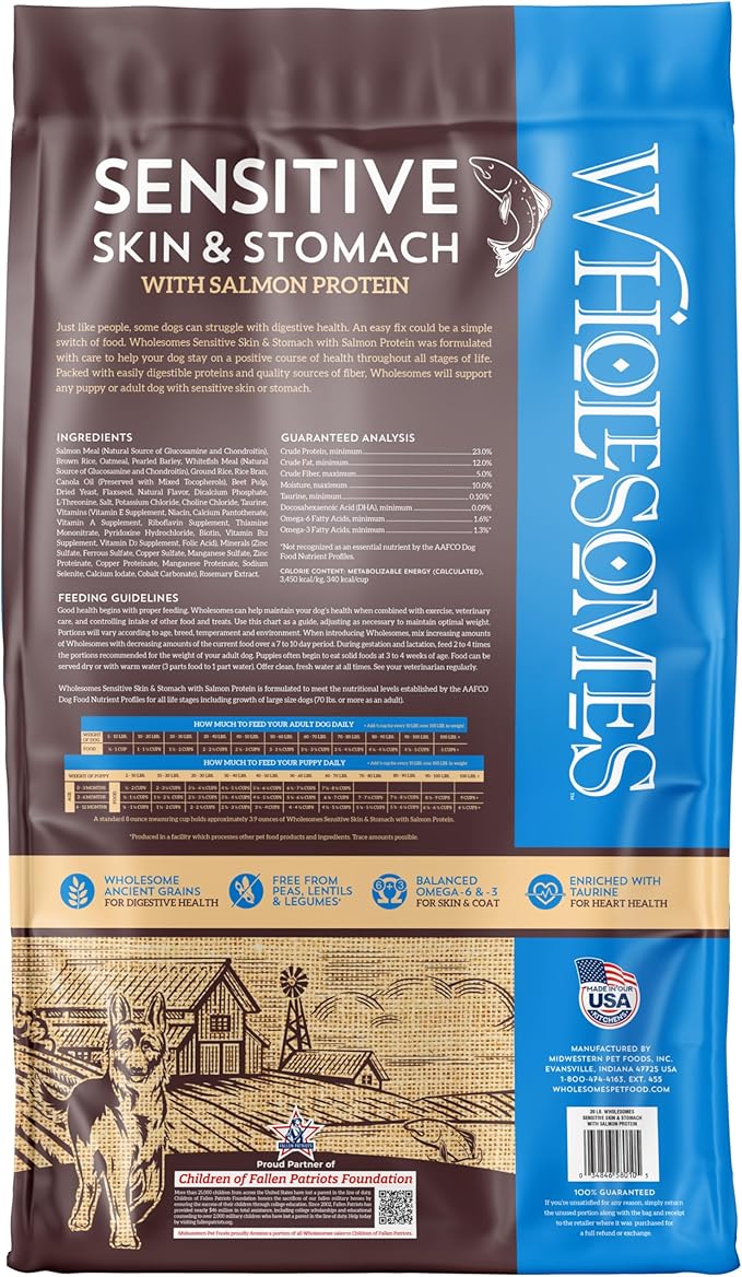 Wholesomes Sensitive Skin & Stomach Dry Dog Food, Salmon Protein & Brown Rice Recipe, Ancient Grains & Omega Fatty Acids for Digestive Health, 30 lb Bag