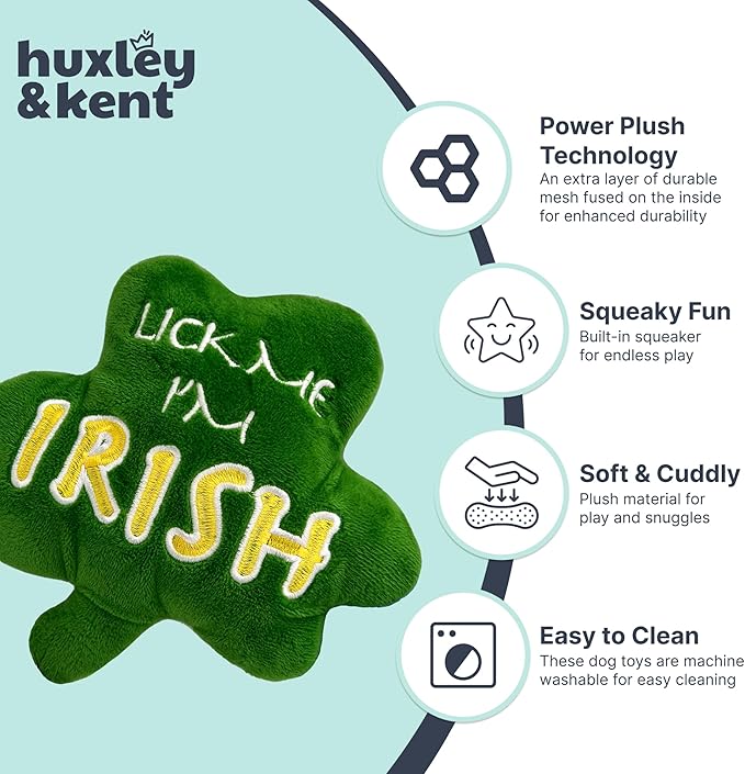 Huxley & Kent Funny Dog Toy w/Squeaker – St. Patrick's Day Power Plush Squeaky Dog Toys for Small, Medium & Large Dogs – Soft Stuffed Animal for Indoor Play & Fetch - Lick Me Shamrock, One Size