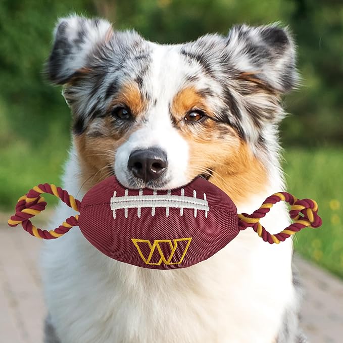 Pets First NFL Washington Commanders Football Dog Toy, Tough Quality Nylon Materials, Strong Pull Ropes, Inner Squeaker, NFL Team Color