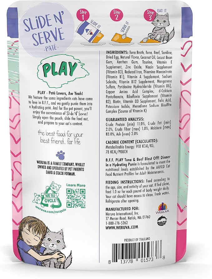 Weruva B.F.F. Play - Best Feline Friend Paté Lovers, Aw Yeah!, Tuna & Beef Blast Off! with Tuna & Beef, 3oz Pouch (Pack of 12)