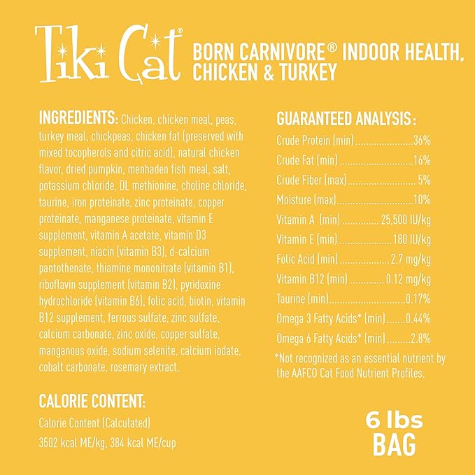Tiki Cat Born Carnivore Indoor Health, Chicken & Turkey Meal, 6 lbs Bag