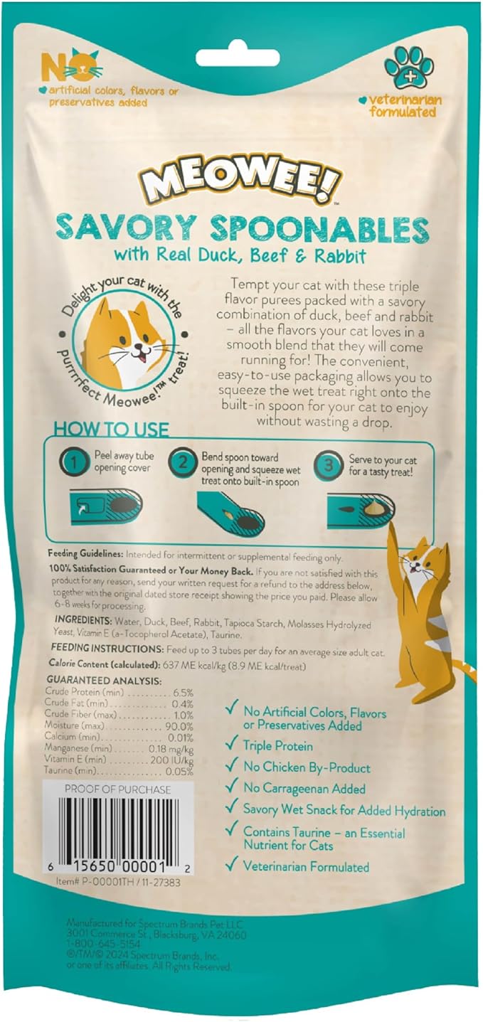 MEOWEE! Savory Spoonables with Real Duck, Beef and Rabbit for Cats, 4 Count, Treat Your Cat to Triple Flavor Squeezable Lickable Wet Treats with Built-in Spoon for Less Mess (Pack of 2)
