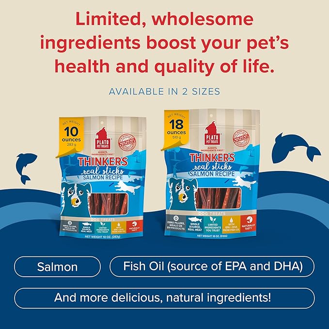 Plato Pet Treats Thinkers - Meat Stick Treats for Dogs - Limited Ingredient with EPA and DHA to Support Skin, Coat, and Brain - Air-Dried - Thinkers Salmon 10oz - 2 Pack