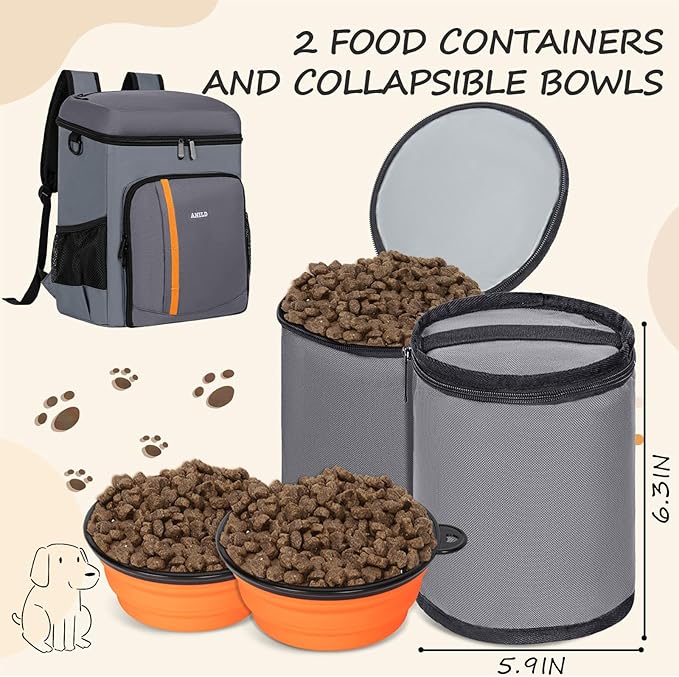 ANILD Dog Travel Bag Backpack, Flight-Ready TSA-Approved Dog Travel Bag with 2 Leak-Proof Food Canisters, 3 Foldable Silicone Bowls, Multi-Compartment Organizer for Hiking, Camping, Dog Mom Essentials
