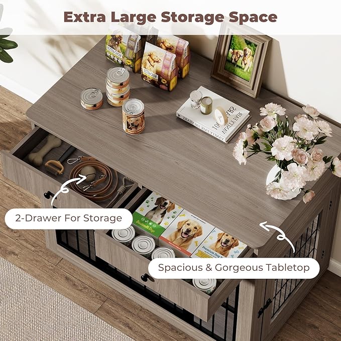 40 inch Dog Crate Furniture-Farmhouse Dog Kennel with Drawers-Heavy Duty End Table Wooden Pet Crate, Decorative Dog House Indoor for Small Medium Large Dog, Oak Grey
