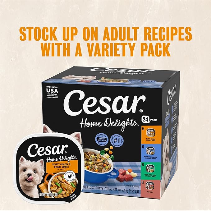 Cesar Home Delights Adult Wet Dog Food Hearty Chicken & Noodle Dinner in Sauce, 3.5 oz. Easy Peel Dog Food Tray, 24 Count (Pack of 1)