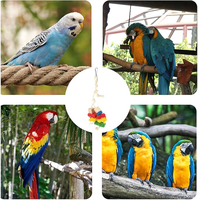 Natural Parrot Chewing with Blocks and Loofah Rope Hanging Bird Cage Accessory for Parrots and Birds Fun Bite to Reduce Boredom and Keep Pets Engaged