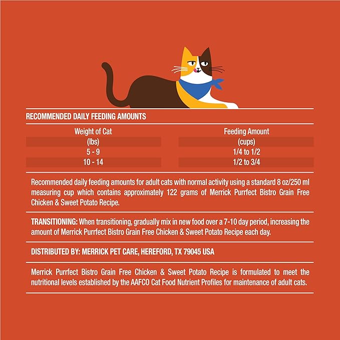 Merrick Purrfect Bistro Grain Free Chicken and Sweet Potato Recipe Natural Dry Cat Food for Adult Cats, High Protein, Outdoor or Indoor Cat Food - 4 lb. Bag