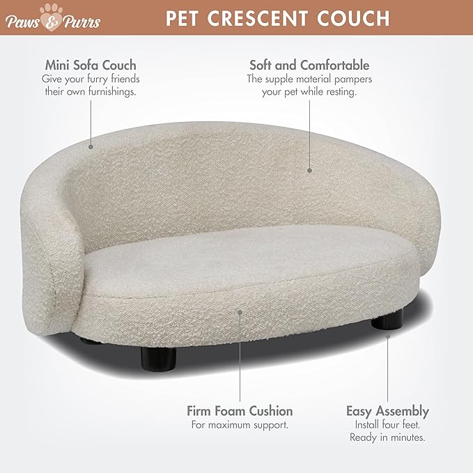 Paws & Purrs Arc Crescent Back Sofa Style Pet Bed, Dog & Cat Modern Couch with Tufted Cushion & Armrest, Stylish Indoor Pet Furniture, Boucle Ivory