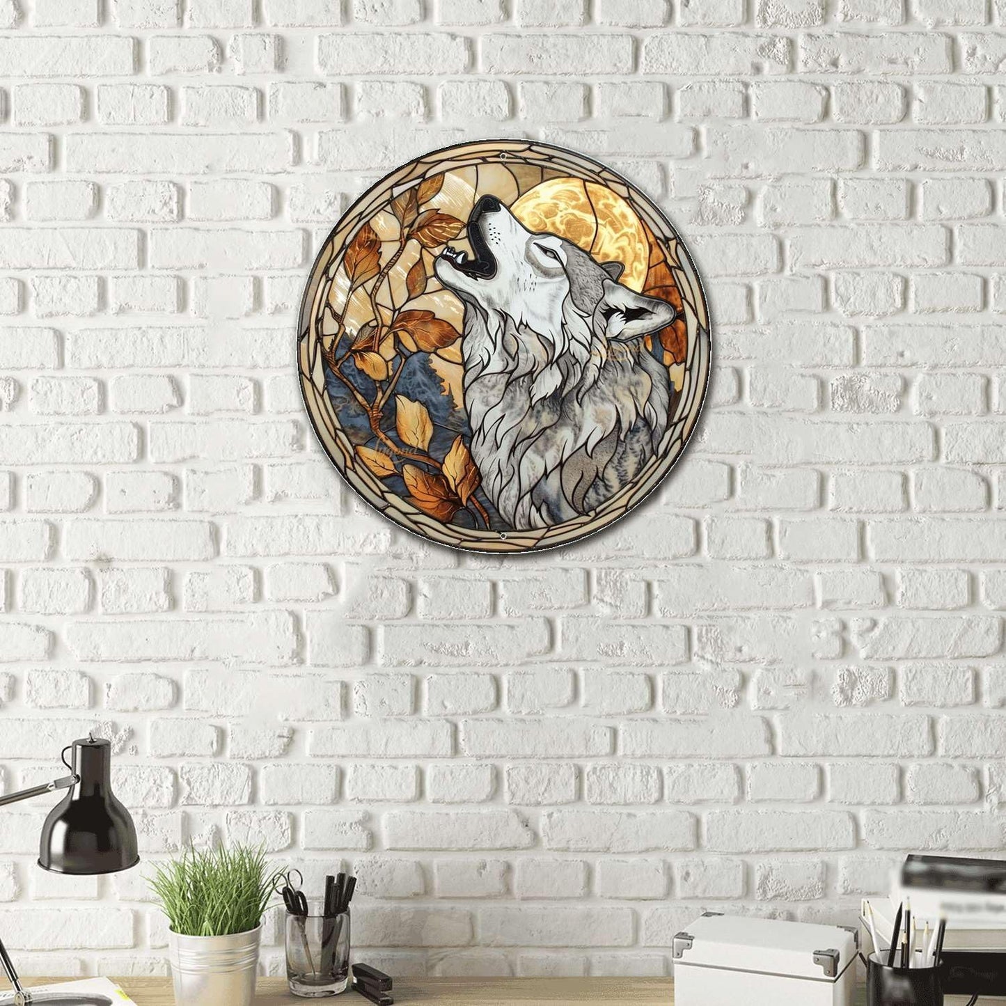 Lygond Metal Sign Tin Sign Circular Stained Glass Gray Wolf Bathroom Signs for Home for Club 12×12 Inches