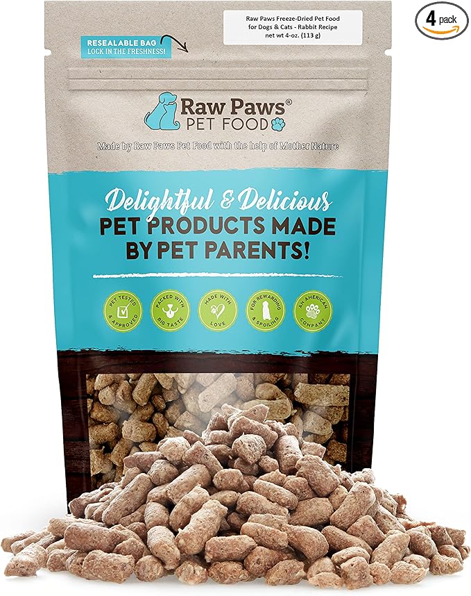 Raw Paws Freeze-Dried Pet Food for Dogs & Cats- Rabbit Recipe, 4-oz - USA Raw Dog Treats for Training - Cat and Dog Treats - 100% Rabbit Meat, No Added Hormones or Antibiotics
