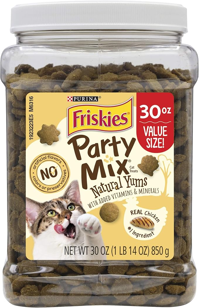 Purina Friskies Natural Cat Treats, Party Mix Natural Yums With Real Chicken & Vitamins, Minerals & Nutrients - 30 oz. Canister