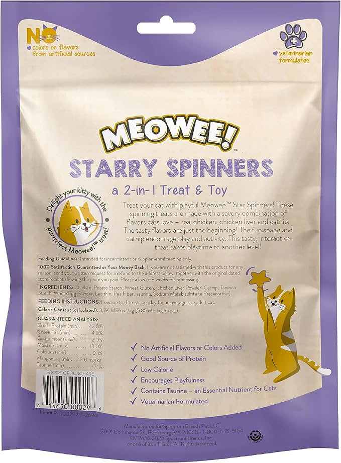 MEOWEE! Starry Spinners Cat Treat, 2.8 Ounce, 2-in-1 Treat & Toy Made with Real Chicken, Chicken Liver & Catnip, Encourages Playfulness & Low Calorie