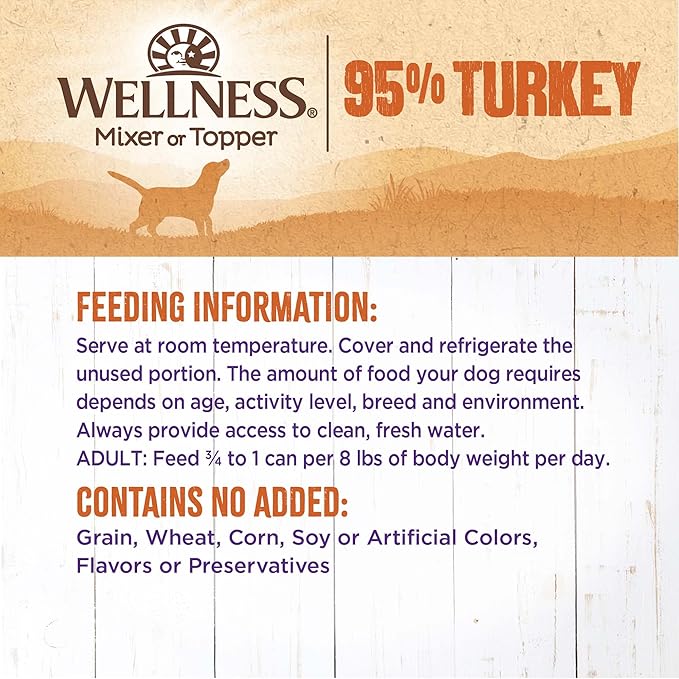 Wellness 95% Turkey Adult Canned Wet Dog Food, Grain Free, Natural, 13.2 oz, Pack of 12 Cans