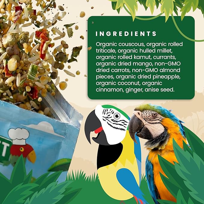 Bird Street Bistro Parrot Food for Parakeets & Cockatiels - Tropical - 18 oz - Cooks in 3-15 min, Natural Wholesome Grains, Fruits & Vegetables - USA Made