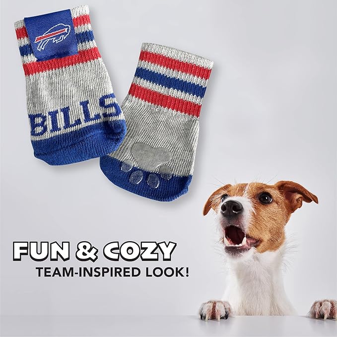 NFL Buffalo Bills Anti Slip Dog Socks with Elastic Ribbed Top, Size X-Small/Small. Indoor/Outdoor Socks, Best Dog Paw Protector, 2 Pairs, Cool Puppy Supplies with NFL Logo of Bills Football Team