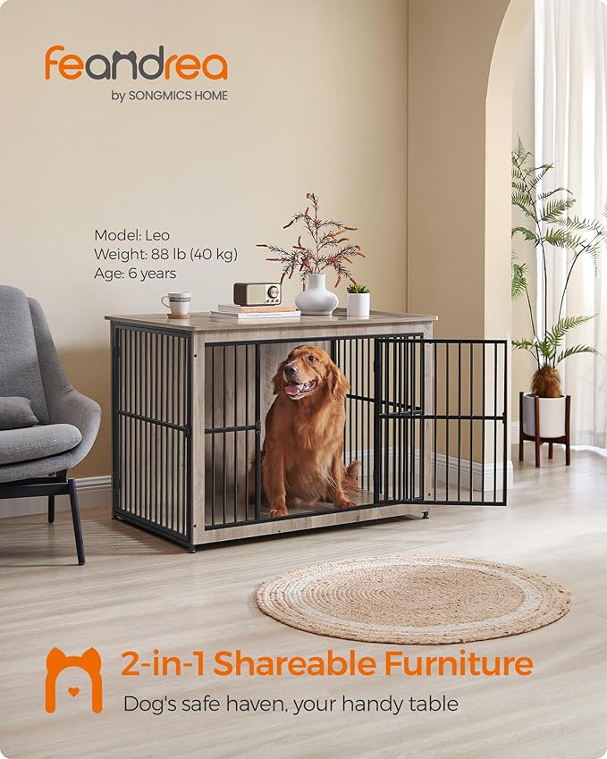 Feandrea 43.3" Dog Crate Furniture, Heavy-Duty Dog Cage Side End Table, XL Pet Wood Kennel for Large and Medium Dogs up to 80 lb with Enclosed Base, Double-Door Pet House, Greige