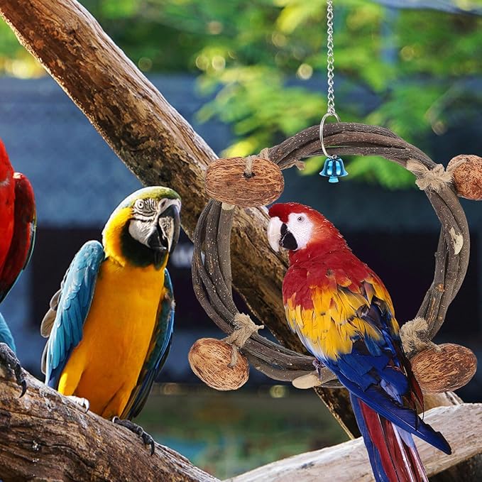 Beaupretty Parrot Hanging Hammock Ring Bell, 20cm Rattan Climbing Swing Bed for Parakeet Birdcage, Includes 4 Nut Accessories for Bird Training and Play