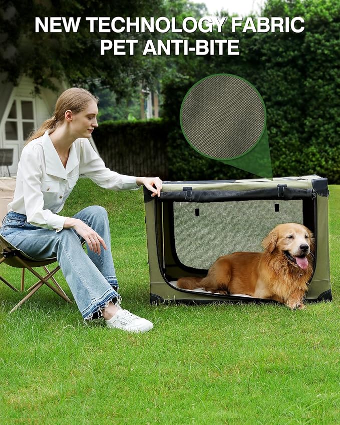 24 x 17 x 17 Inch Collapsible Soft Dog Crate for Dogs Up to 30 lbs, Portable Travel Pet Kennel with 4 Zip Doors, Foldable Indoor Outdoor Crate with Mat, Carry Bag, Green