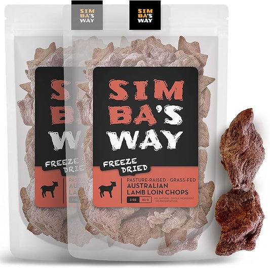 SIMBA'S WAY -Freeze Dried- RAW Australian Lamb LOIN CHOPS Dog and Cat Treats, Pasture-Raised, Grass-Fed, Human Grade, Single Ingredient, All Natural, Grain-Free, Made in The USA. [3 .oz] [2 PK]