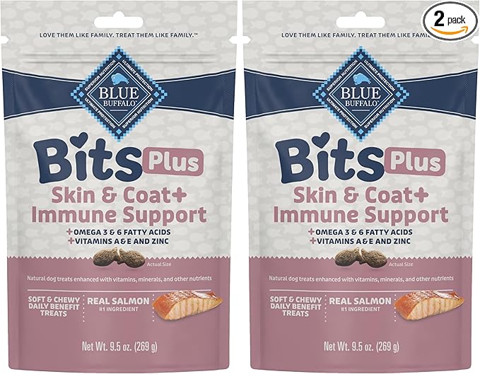 Blue Buffalo Blue Bits Plus Skin & Coat and Immune Support Dog Treats, Salmon, 9.5-oz. Bag (Pack of 2)