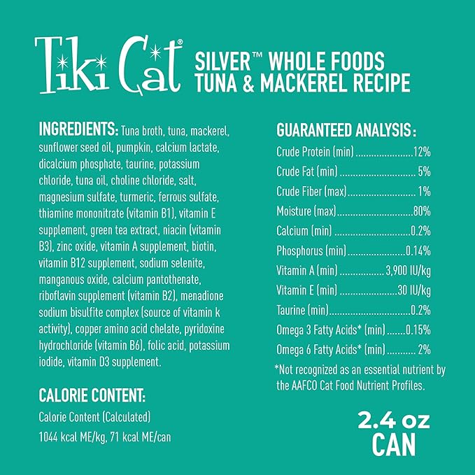 Tiki Cat Silver Wet Cat Food for Seniors, Tuna & Mackerel, 2.4 oz. Cans (12 Count)